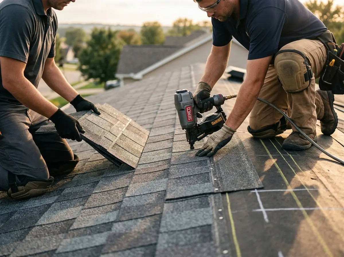 Professional roofer working on a residential roof in Dormont
